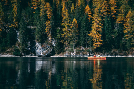 Pragser Wildsee is a canoeの写真素材