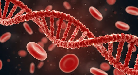 Digital illustration DNA structure in colour background with red blood cells. 3D renderingの素材