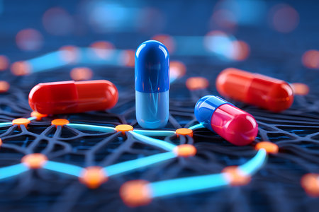Blue and red capsules on a dark background with a network. 3d renderingの素材