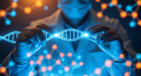 Scientist working with DNA molecule image on dark background 3D renderingの素材