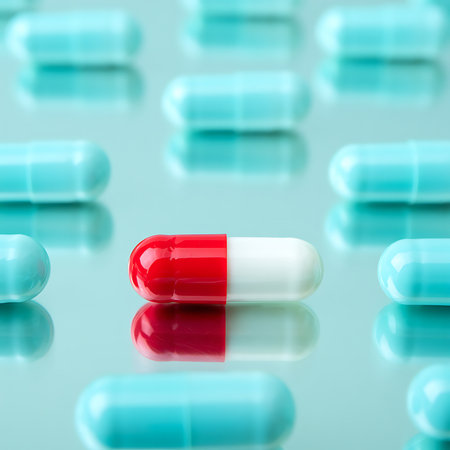 Capsule pills on blue background. 3d render illustration.の素材