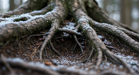 Close up of the roots of a tree covered with snow in winterの素材