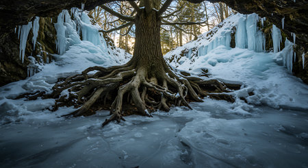 Frozen waterfall in winter forest with snow and ice. Long exposure.の素材