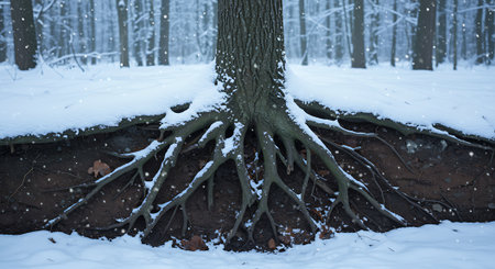Winter forest with snow covered trees and ground. Beautiful winter landscape.の素材