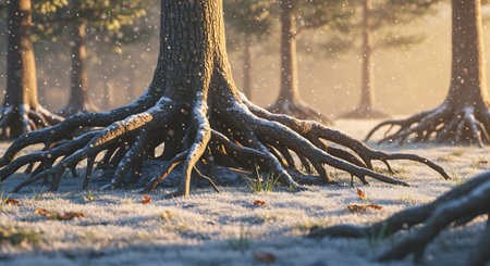 Frosty tree roots in winter forest with hoarfrost.の素材