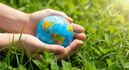Globe in hands on green grass background. Save the planet conceptの素材