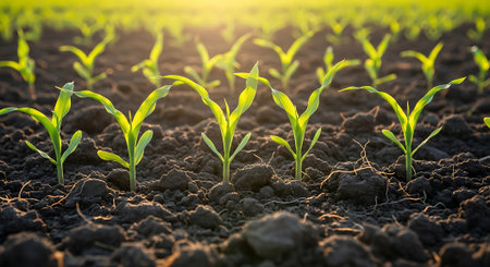 Young corn seedlings growing in a field at sunset, close-up.の素材