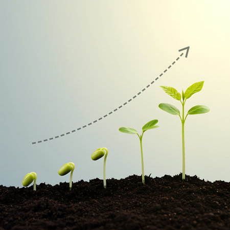 Growing seedling illustrating concept of new life with arrow pointing to successの素材