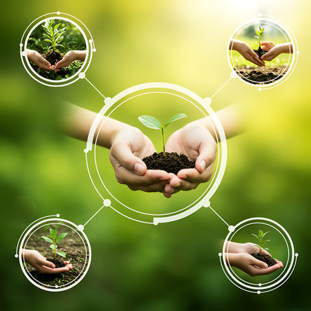 Human hands holding green seedling in soil on blurred nature background. Ecology conceptの素材