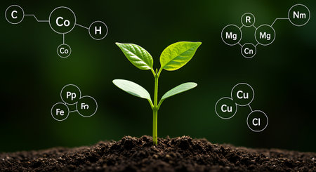 Digital composite of Green plant in soil with chemical formula and green backgroundの素材