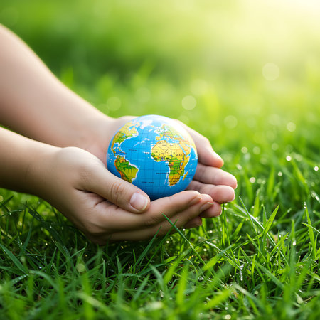 Human hands holding Earth globe on green grass background. Save earth conceptの素材