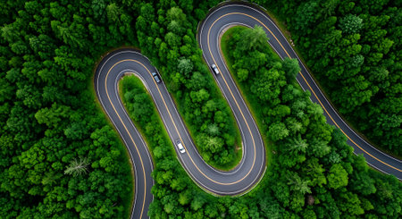 Aerial view of winding road in the green forest. Top view.の素材