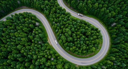Aerial view of a winding road through the forest. Top viewの素材