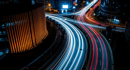 Light trails on the road at night in shanghai china.の素材
