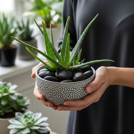 Woman holding aloe vera plant in a pot, close upの素材