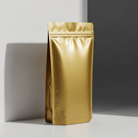 Golden foil bag mockup isolated on white background. 3d renderingの素材