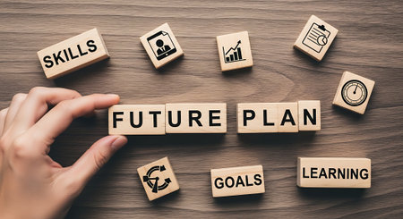 Conceptual image of human hand placing wooden blocks with the words FUTURE PLANの素材