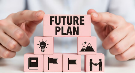 Concept of future plan with icons in cubes held by a manの素材