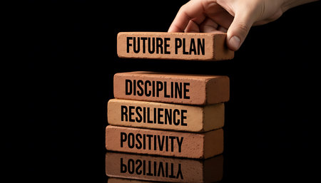 Businessman stacking wooden blocks with FUTURE AND RESISTANCE conceptual words.の素材