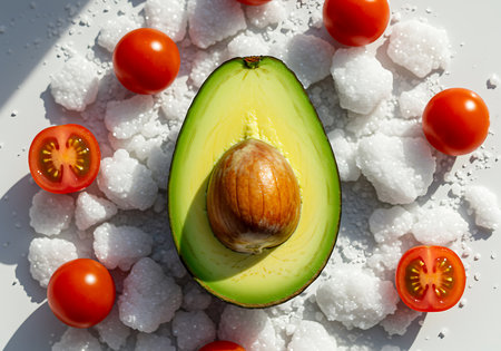 Avocado and tomatoes on a white background. Vegetarian food.の素材
