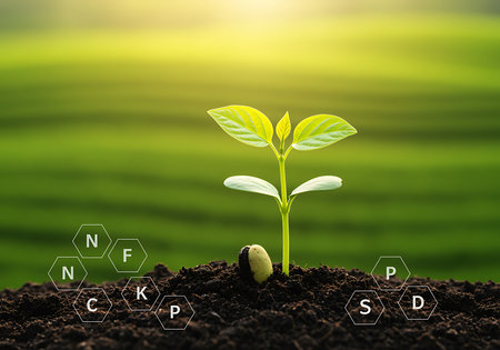 Hands holding soil with word npk in black background.の素材