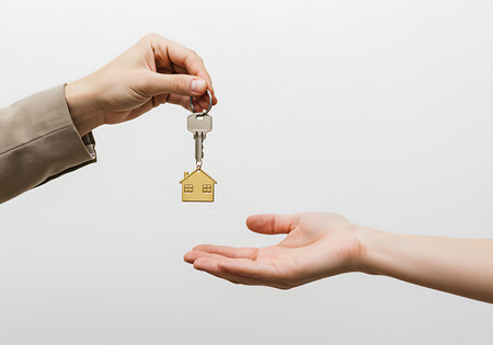 Real estate agent giving keys to young woman, isolated on white backgroundの素材