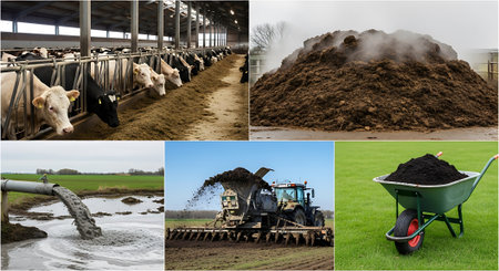 Agriculture collage with tractor and wheelbarrow full of manureの素材