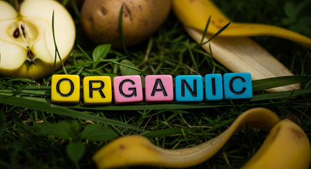 word organic on an abstract background with fruits and vegetables, healthy food conceptの素材