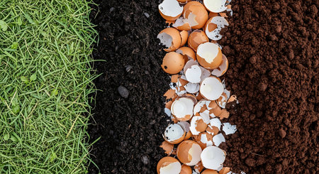 Eggshells and soil on green grass background, top viewの素材