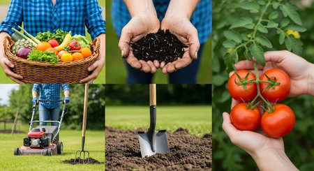 Collage of woman hands holding basket with fresh vegetables and gardening toolsの素材