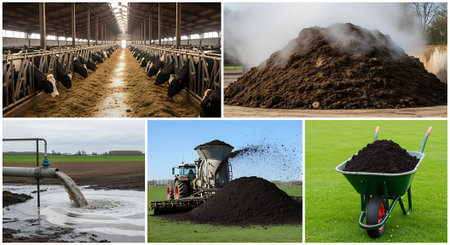 Collage of agriculture images with tractor and wheelbarrow full of soilの素材