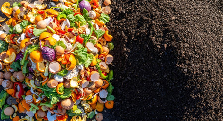 Top view of a pile of fresh vegetable salad on the ground.の素材