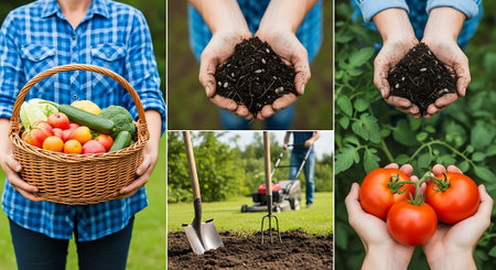 Collage of female hands holding basket with tomatoes and cucumbers in gardenの素材