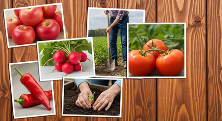 Collage of fresh vegetables on wooden background. Selective focus.の素材
