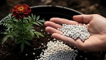 Hand holding a handful of white plastic pellets on the ground with a red flowerの素材