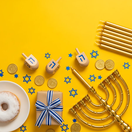 A vibrant and festive scene showcasing Hanukkah celebrations featuring traditional elements against a bright yellow backdrop The image includes wooden dreidels adorned with Hebrew letters a gleaming golden menorah ready for lighting a stack of golden candles chocolate gelt coins a wrapped gift with a blue and white ribbon a frosted donut and blue Star of David confetti all symbols associated with the Festival of Lights and the joy of the holiday This captures the essence of a traditional Hanukkah celebrationの素材
