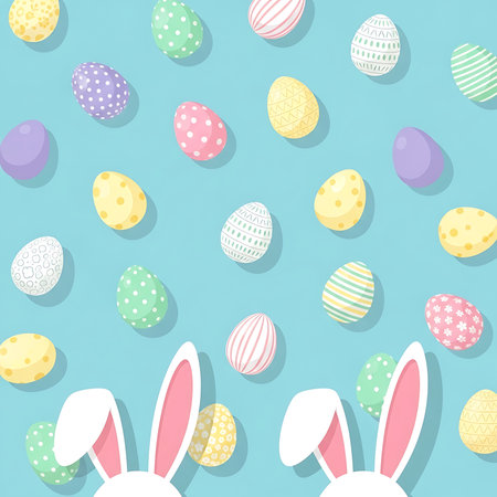 This image features a delightful Easter background with a playful arrangement of colorful and intricately decorated Easter eggs scattered across a cheerful light blue backdrop The presence of adorable bunny ears peeking from the bottom adds a whimsical and inviting touch perfect for capturing the joy and spirit of the Easter holiday The variety of egg designs including polka dots stripes and floral patterns creates a visually engaging composition that evokes feelings of springtime happiness and festive celebration This graphic is ideal for use in Easter cards invitations website banners and social media posts bringing a touch of holiday cheer to any projectの素材