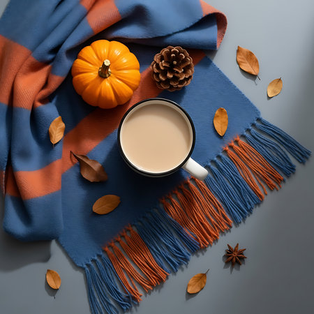 This cozy still life captures the essence of autumn with a mini pumpkin pine cone and a comforting cup of coffee on a blue and orange striped scarf Scattered dry leaves and star anise add to the seasonal aesthetic evoking feelings of warmth relaxation and the simple pleasures of the fall season The composition is perfect for conveying a sense of tranquility and the beauty of natural elementsの素材