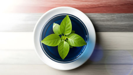 Top view of green plant in a pot on wooden background. Environment conceptの素材