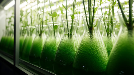 Science laboratory research and development concept. Test tubes with green liquid in scientific laboratory.の素材