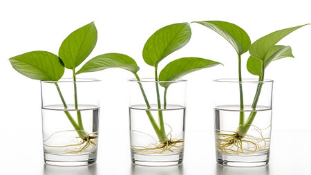 Green seedling with roots in glass on white background, clipping pathの素材