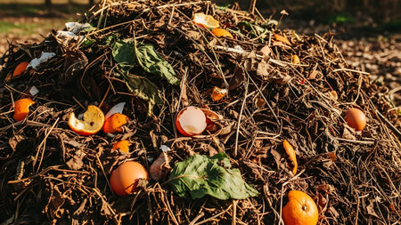 Eggs and persimmons in a pile of dry leavesの素材