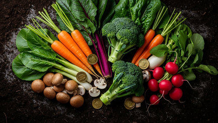 Variety of fresh organic vegetables on soil background. Top view.の素材