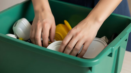 Closeup of woman's hands putting garbage in trash bin. Recycling conceptの素材