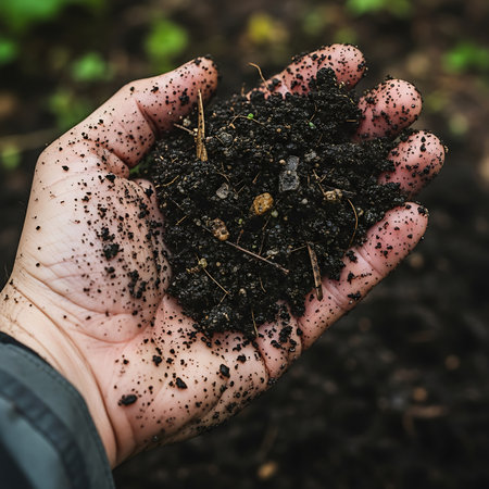 Human hand holding black soil in the garden. Gardening concept.の素材