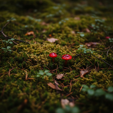 Red mushrooms on the moss in the forest. Selective focus.の素材