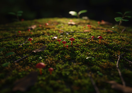 Mushrooms growing on moss in the forest. Selective focusの素材