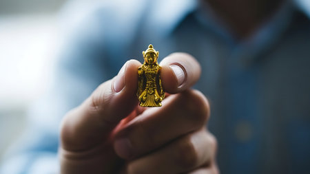 Businessman holding golden buddha statue in his hand, closeupの素材