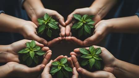 Hands holding small plant in the form of a heart on dark backgroundの素材