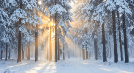 Beautiful winter landscape with snow covered trees and sunbeams.の素材